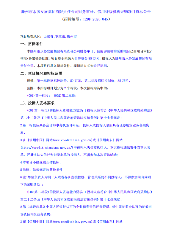 【水发集团】滕州市水务发展集团有限责任公司财务审计、信用评级机构采购项目招标公告