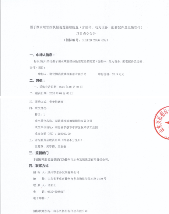 【水发公司】墨子湖水域管控执勤巡逻船舶购置(含船体、动力设备、配套配件及运输交付)项目成交公告