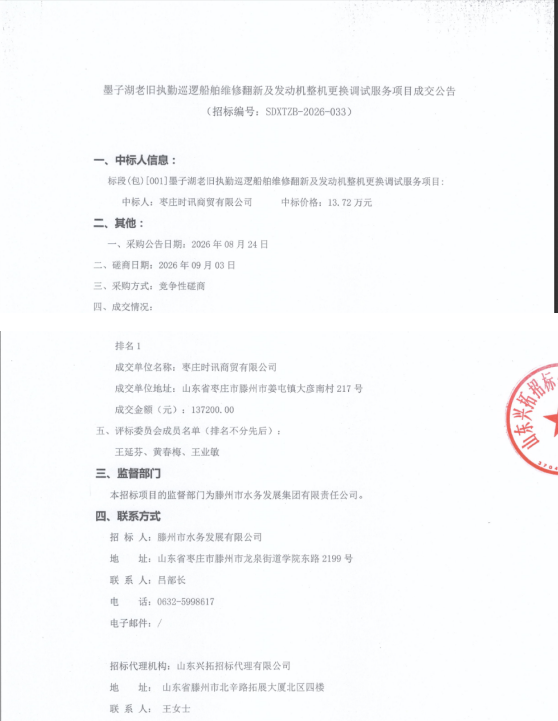 【水发公司】墨子湖老旧执勤巡逻船舶维修翻新及发动机整机更换调试服务项目成交公告